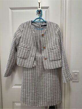 Marshalls Gray and White Tweed Skirt Suit with Gold Buttons